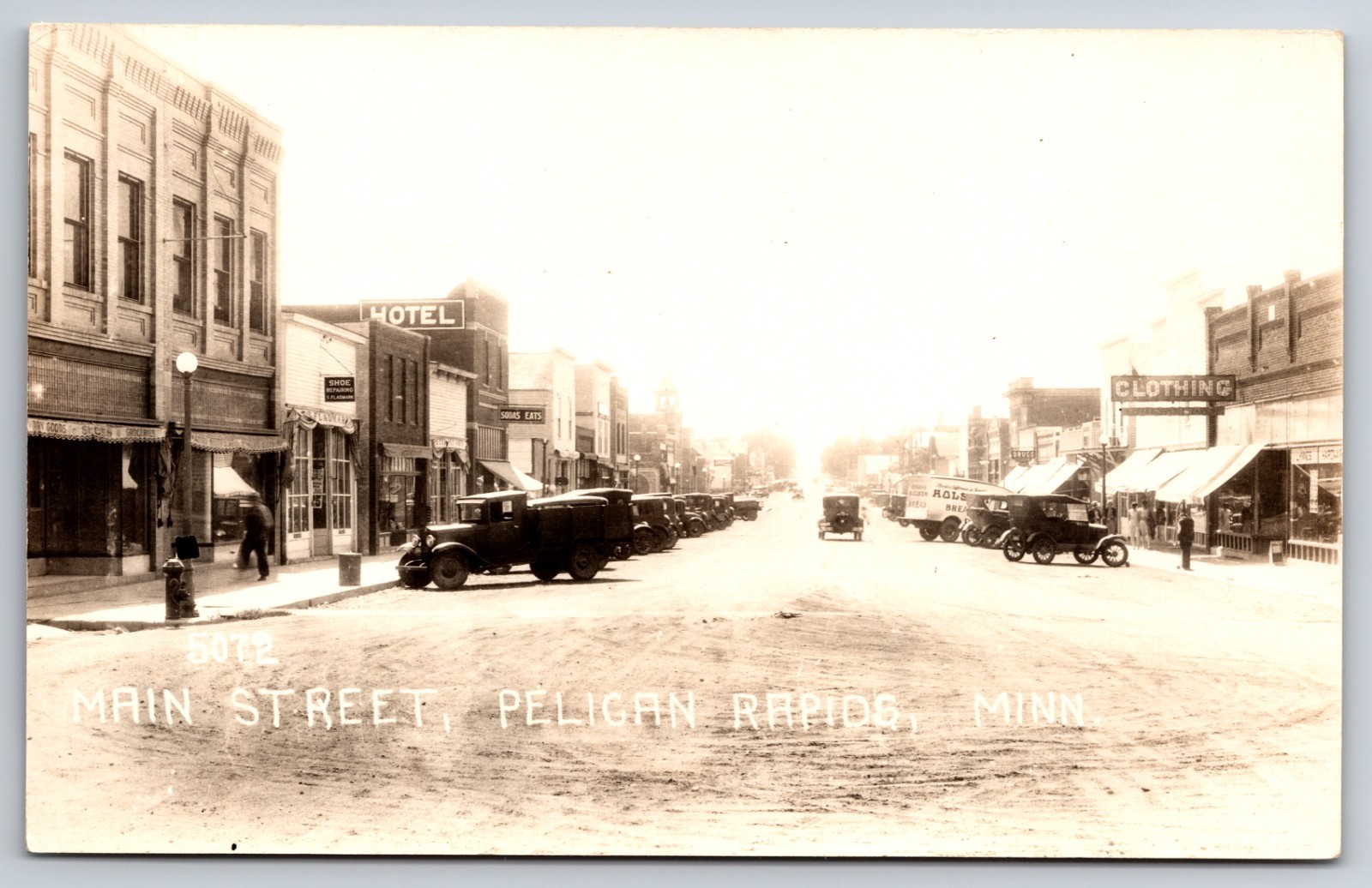 Main Street Pelican Rapids Minnesota Old Cars Bread Truck c1930 Real Photo RPPC