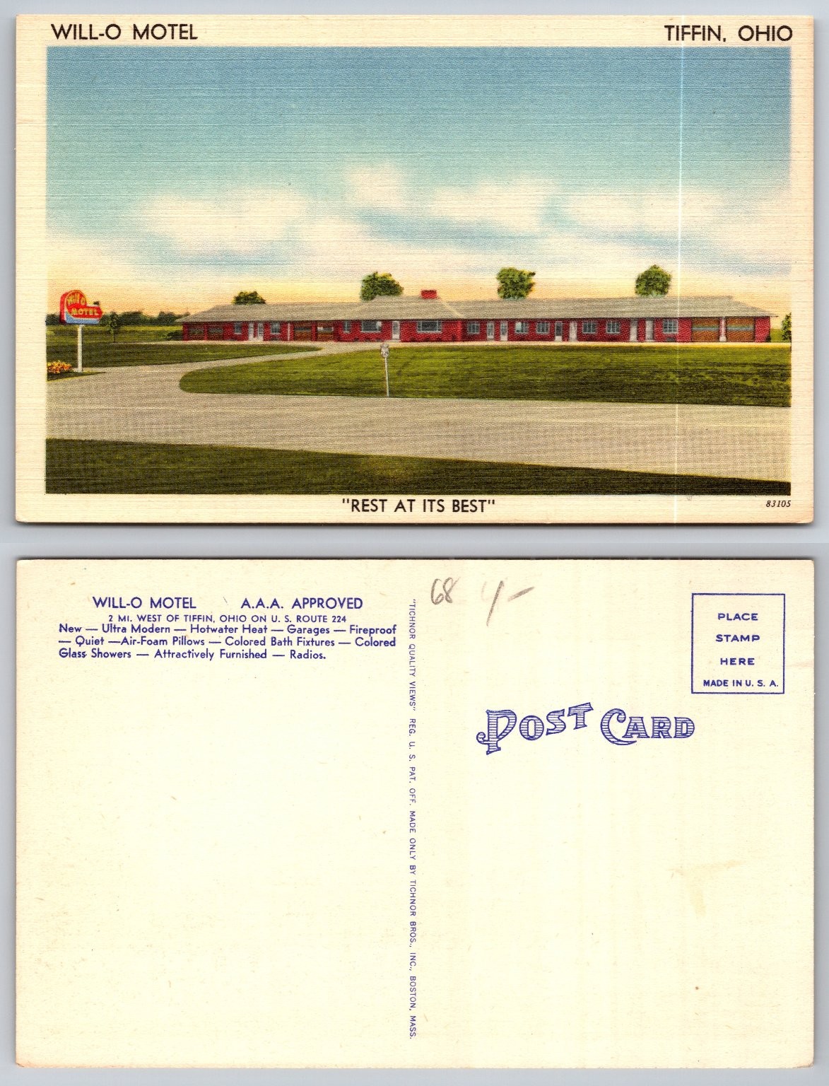 Will-O Motel Tiffin Ohio Linen Postcard US Route 224 Americana roadside