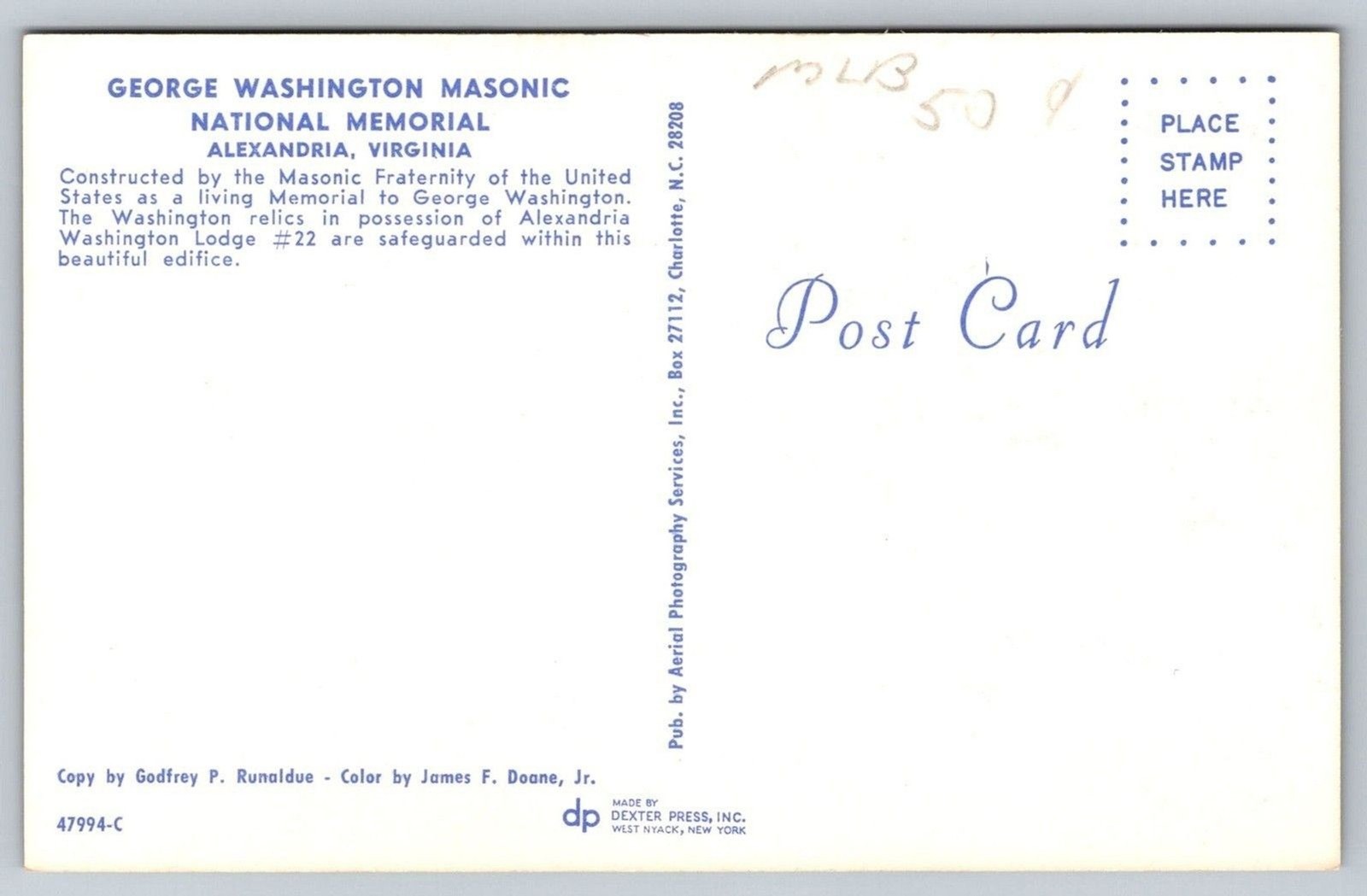 Vtg Aerial Postcard George Washington Masonic National memorial Alexandria VA