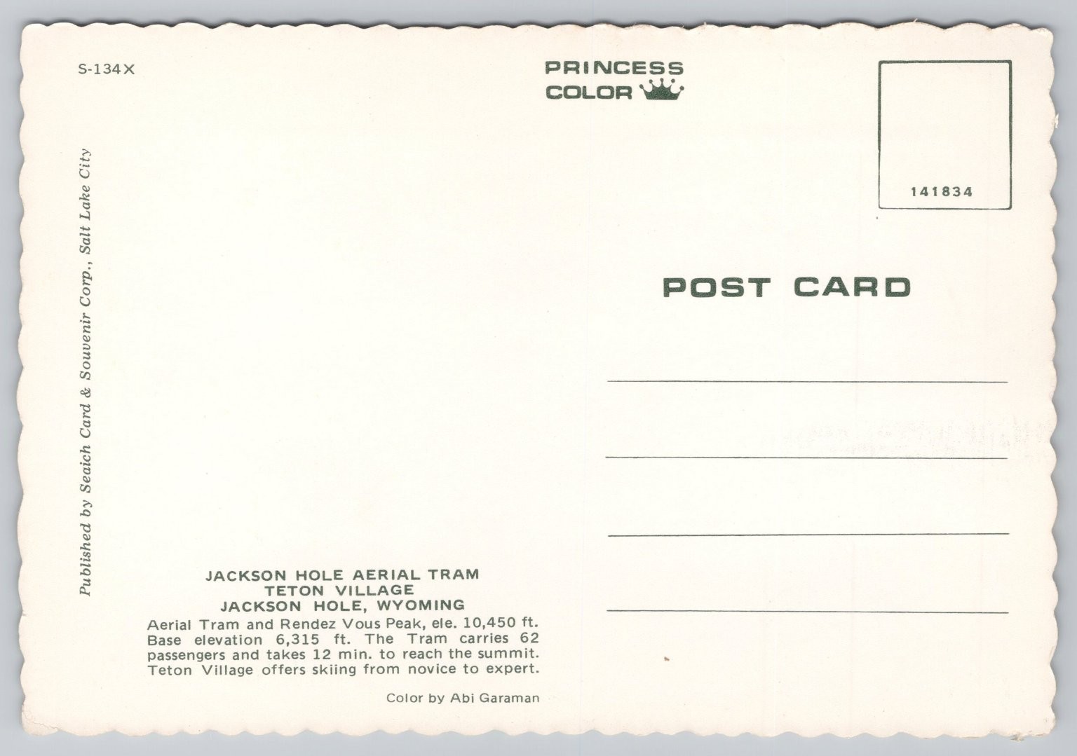 WY Wyoming Skiing Snow Jackson Hole Aerial Tram Teton Village Postcard Vintage
