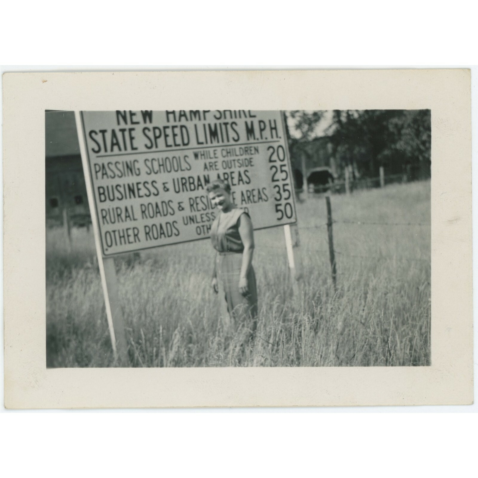 Vintage Black and White Photo Girl Posing By Town Hinsdale New Hampshire Sign