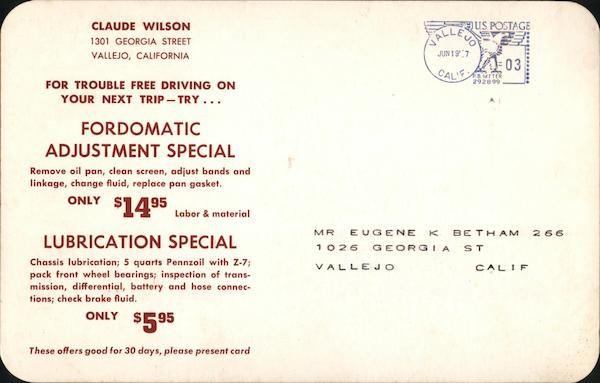 Vallejo, California CA Claude Wilson Ford Dealer Large Format Postcard