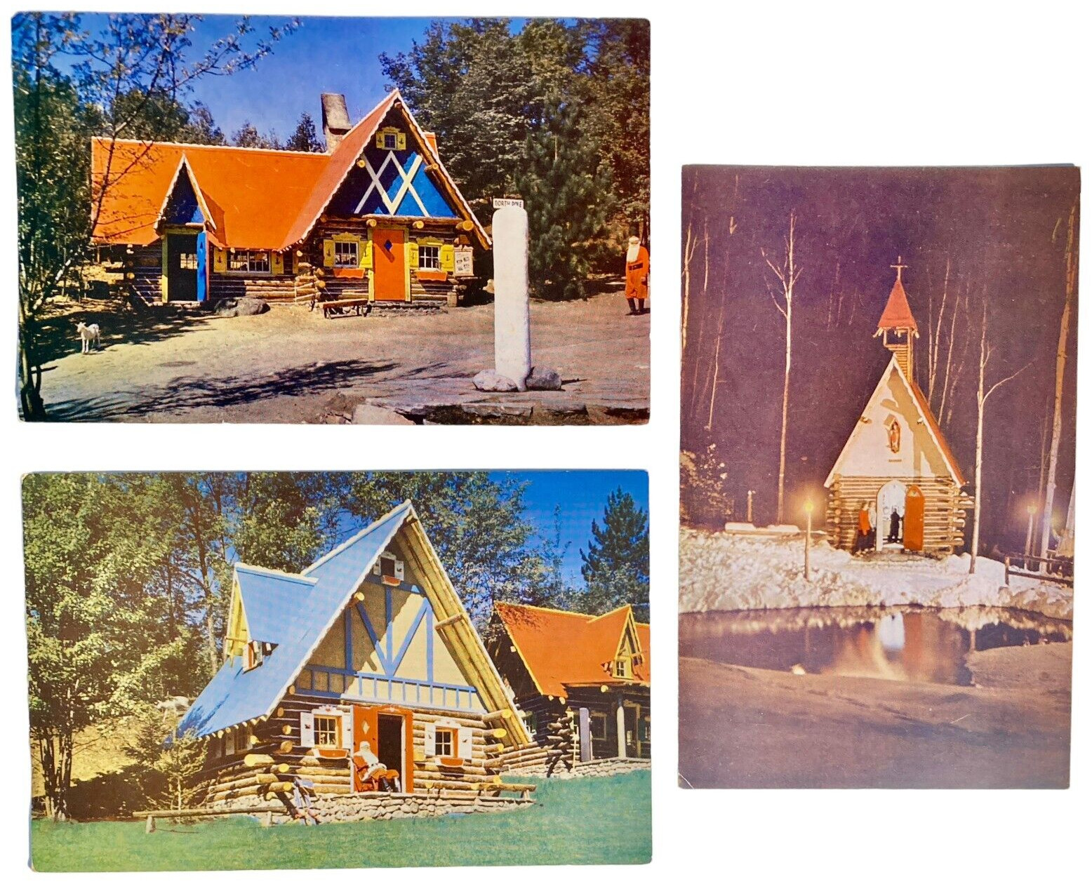3 RPPC Postcards Santa’s House, Post Office, St. Nick Santa’s Chapel VTG 1950s
