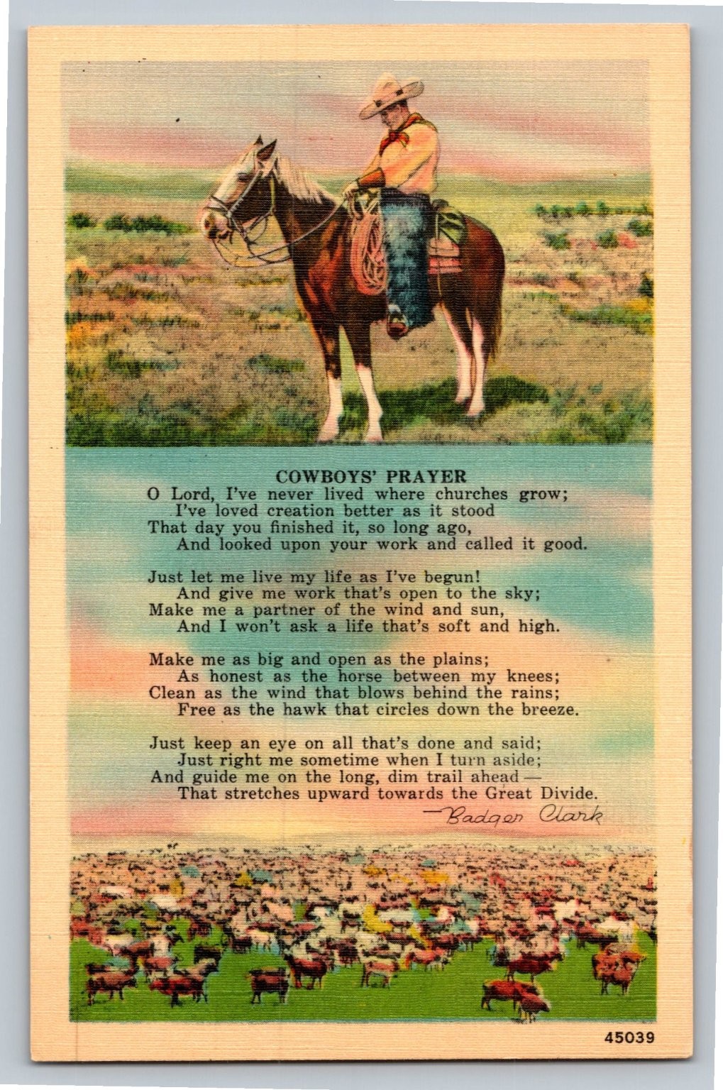 Cowboys’ Prayer Linen Postcard – Badger Clark Poem, Western Ranch Cattle Herd