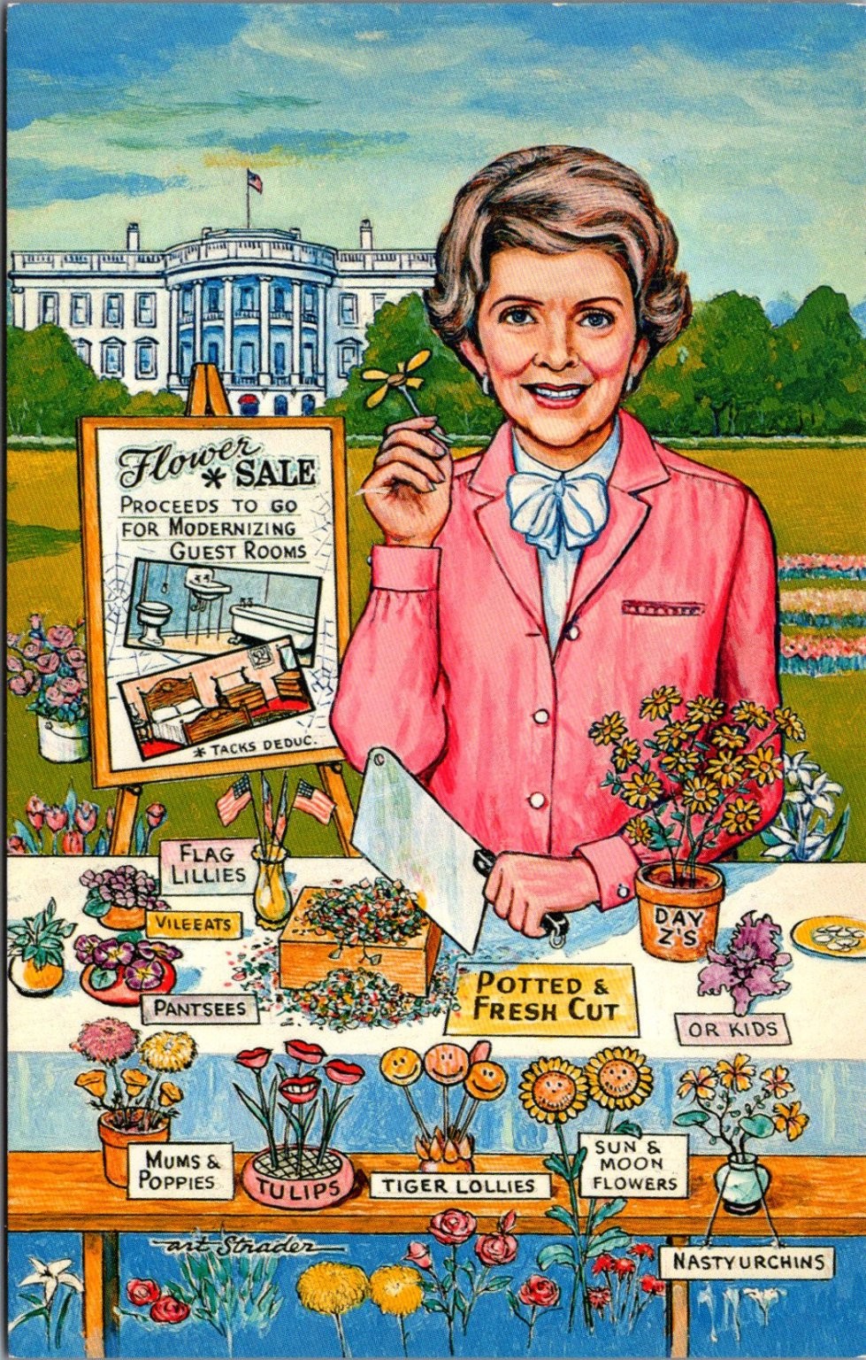 1982 Nancy Reagan White House Flower Sale Satire Postcard Art Shrader Comic