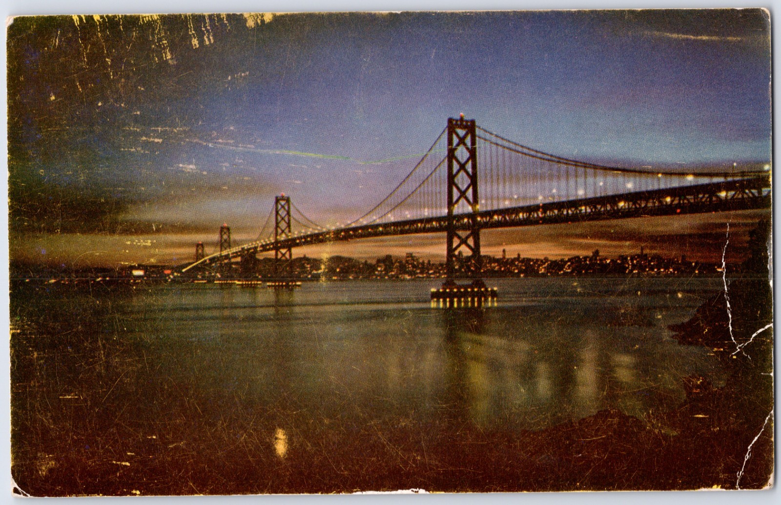VINTAGE BAY BRIDGE SILHOUETTEDD AT NIGHT SAN FRANCISCO CA POSTCARD NE