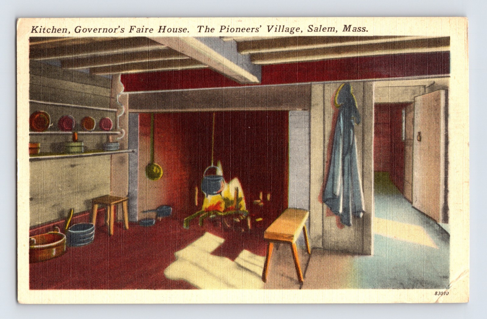 Postcard Massachusetts Salem MA Pioneer Village Faire House Kitchen 1950s Posted