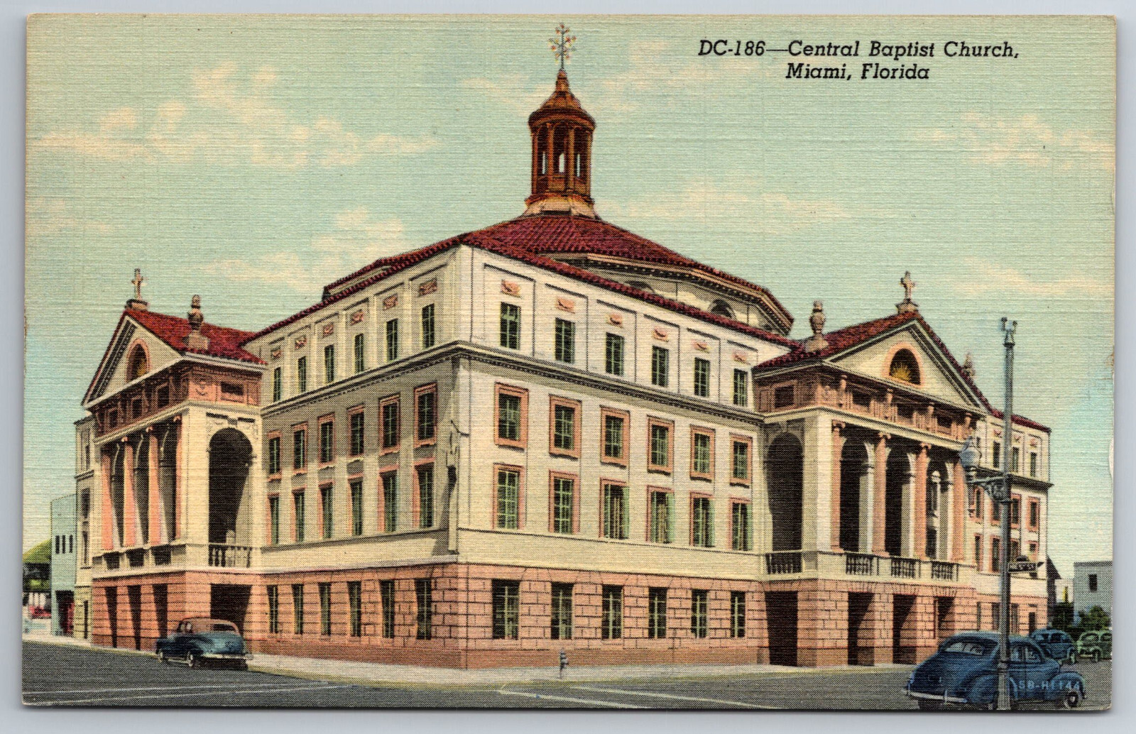 Vintage Postcard FL Miami Central Baptist Church 40s Cars Linen ~8851