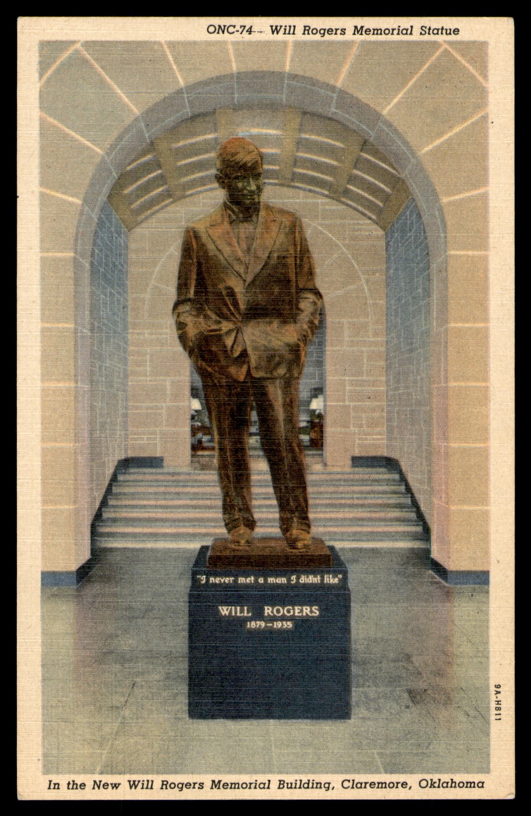 Postcard Will Rogers Memorial Statue Interior Claremore, Oklahoma
