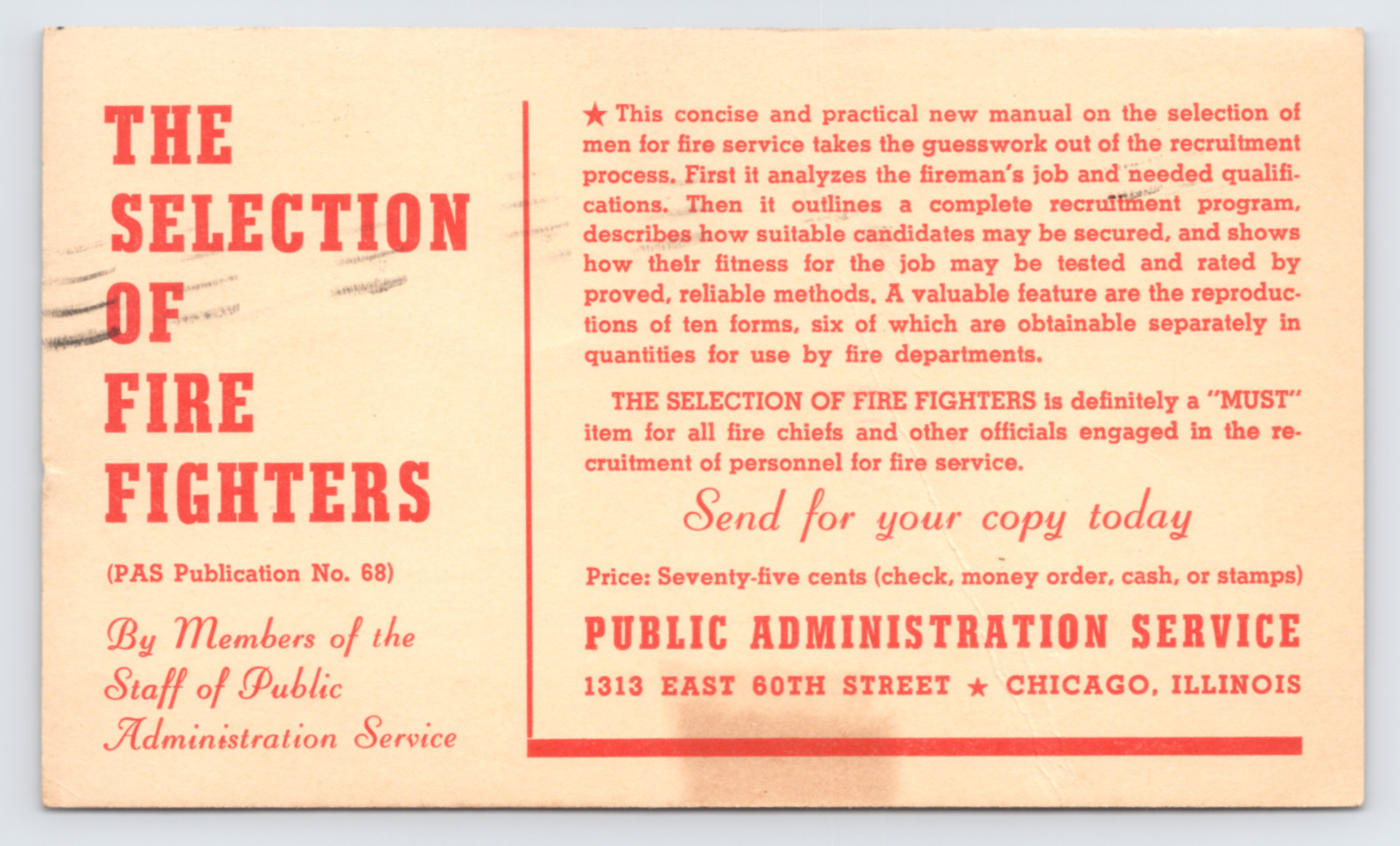 1940 Public Administration Service Fire Fighters Manual Postal Card Chicago IL