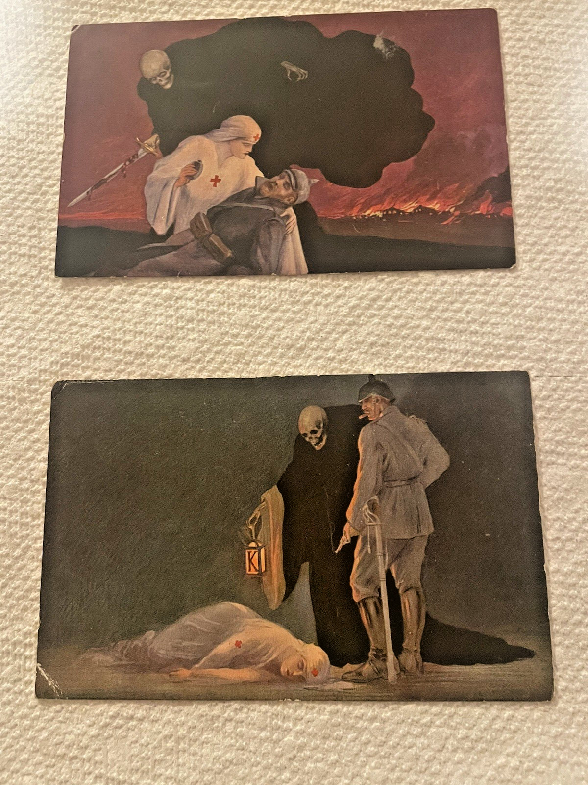 Antique Satirical Justice Postcards Red Cross Angel, Military & Skeleton