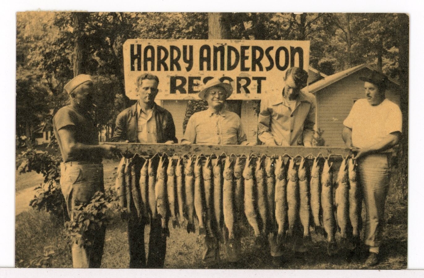 1948 Five Men with String of Fish HARRY ANDERSON RESORT, Crosslake MN Postcard