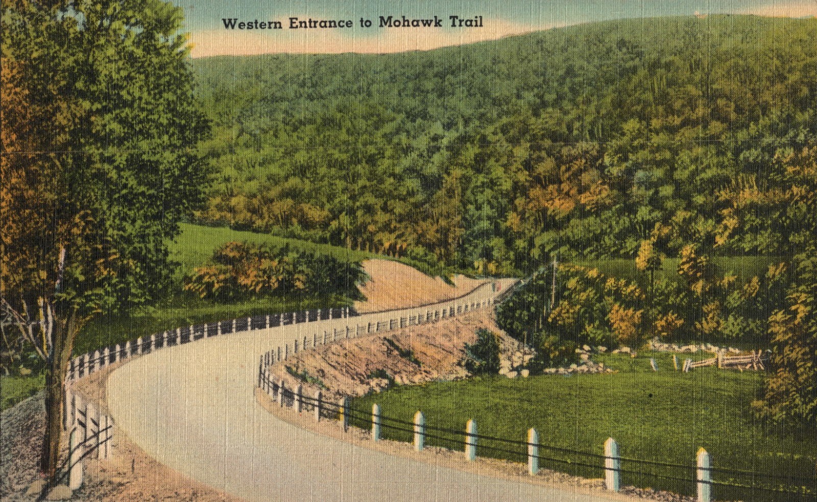Western Entrance to Mohawk Trail Massachusetts Linen Postcard