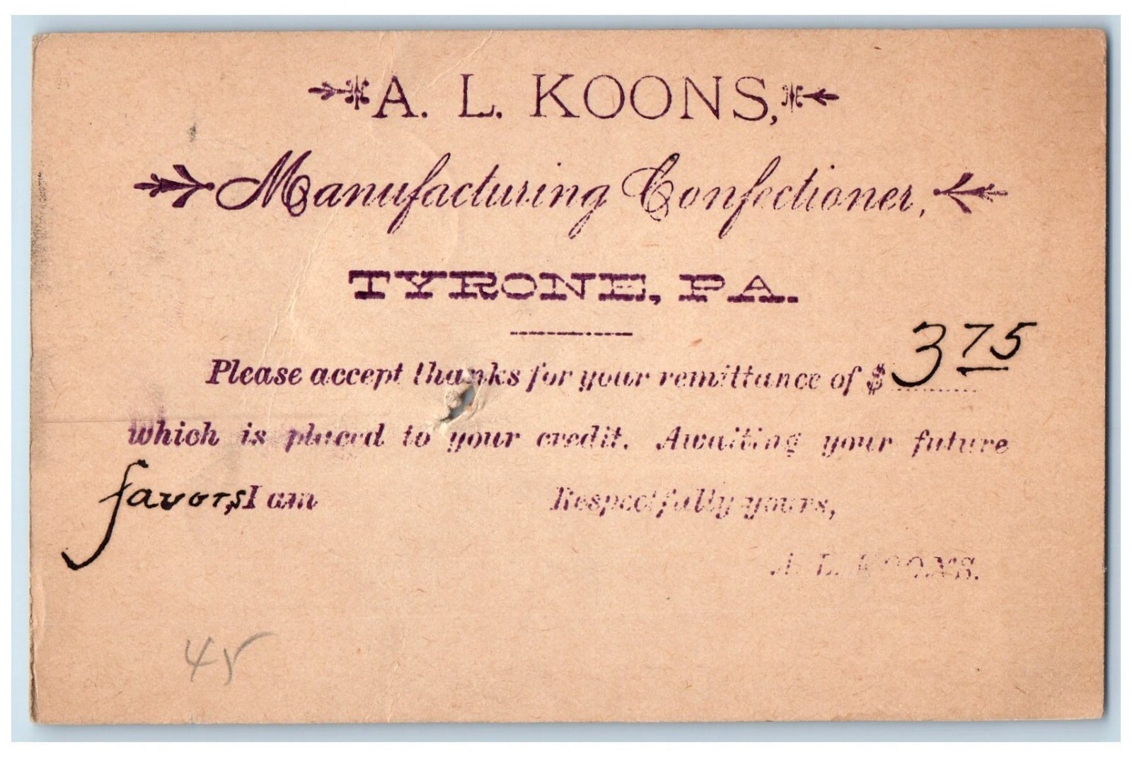 1897 A.L. Koons Manufacturing Confectioner Tyrone Pennsylvania PA Postal Card