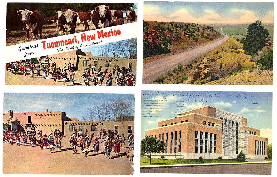 NM – TUCUMCARI – 4 Vintage Views 1940’s-1960’s Indians, Court House, Road