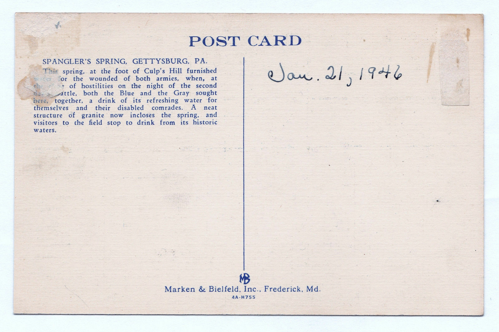 1930-1945 Gettysburg PA Postcard Spangler’s Spring Culp’s Hill Civil War Linen