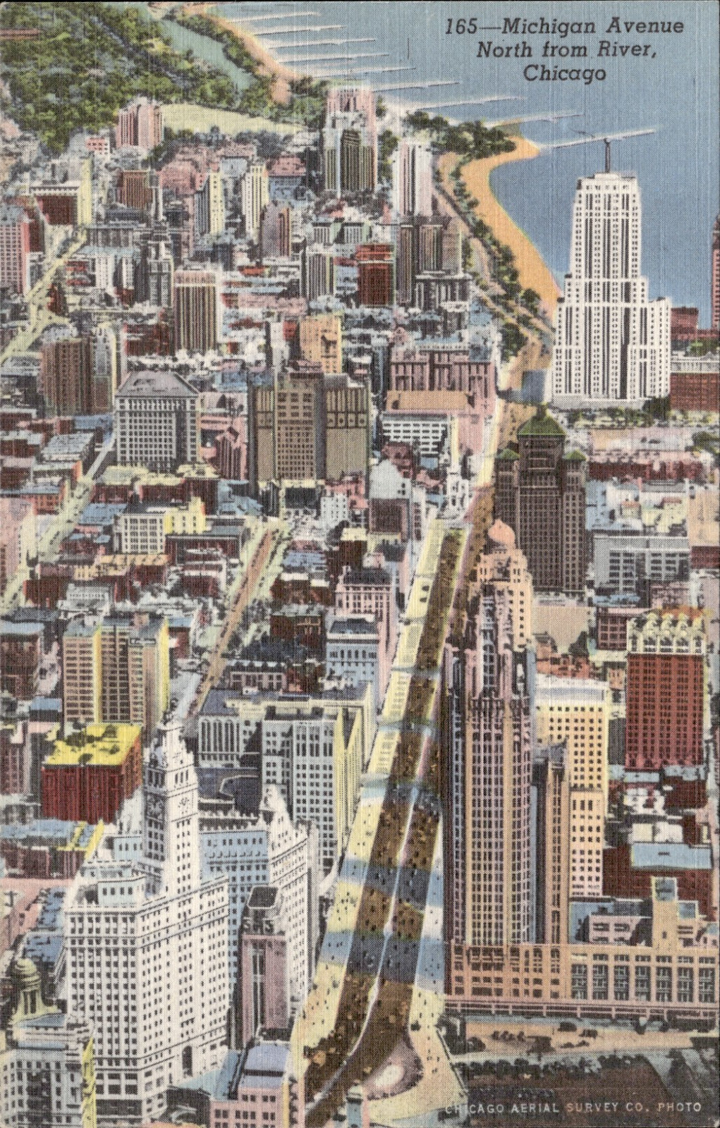Michigan Avenue North Chicago Aerial View Wrigley Building Curteich Linen Postca