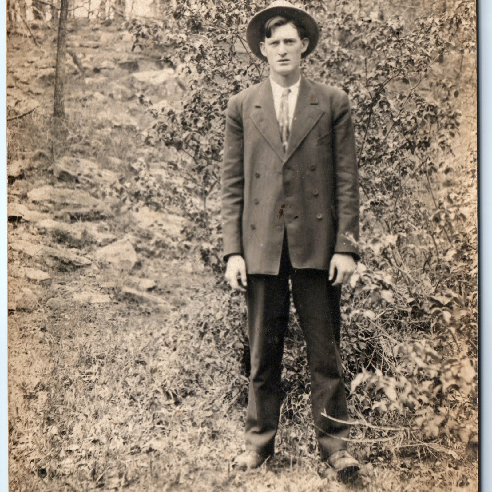 c1910 Bloomfield NE Man Forest Portrait RPPC S Elwood Music Dealer Postcard