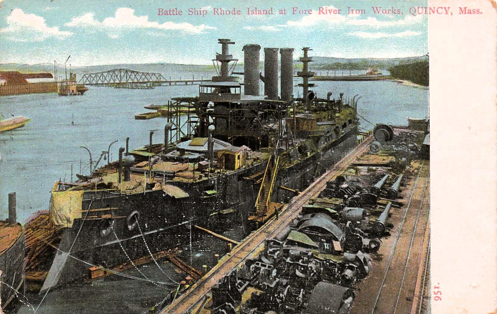 USS Rhode Island Military Navy Battle Ship Fore River Iron Work Vtg Postcard H17