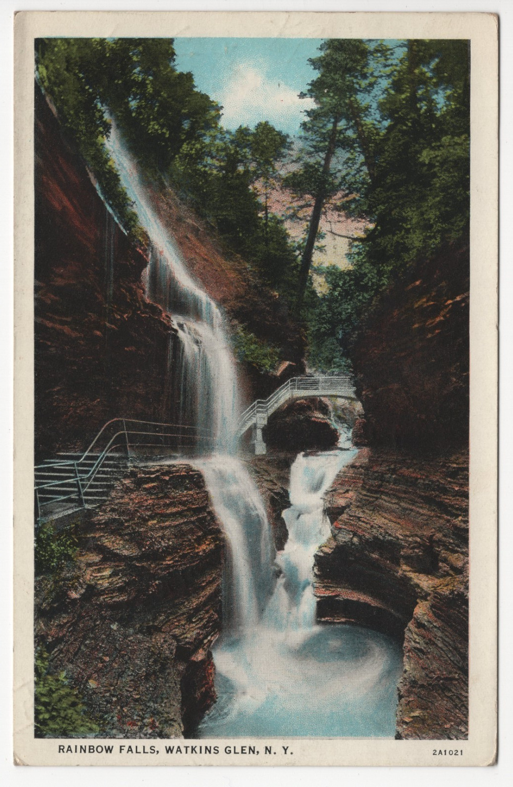 Rainbow Falls Watkins Glen NY Postcard CT American Art 1933 Postmarked