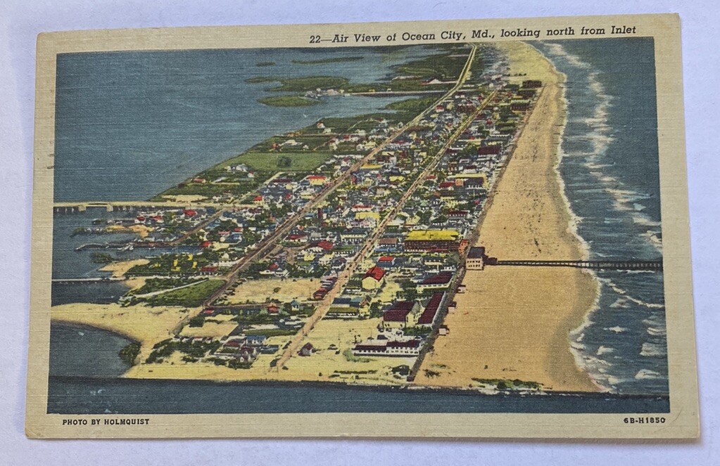 Vintage Linen Postcard ~ Aerial View of Ocean City Maryland MD North from Inlet