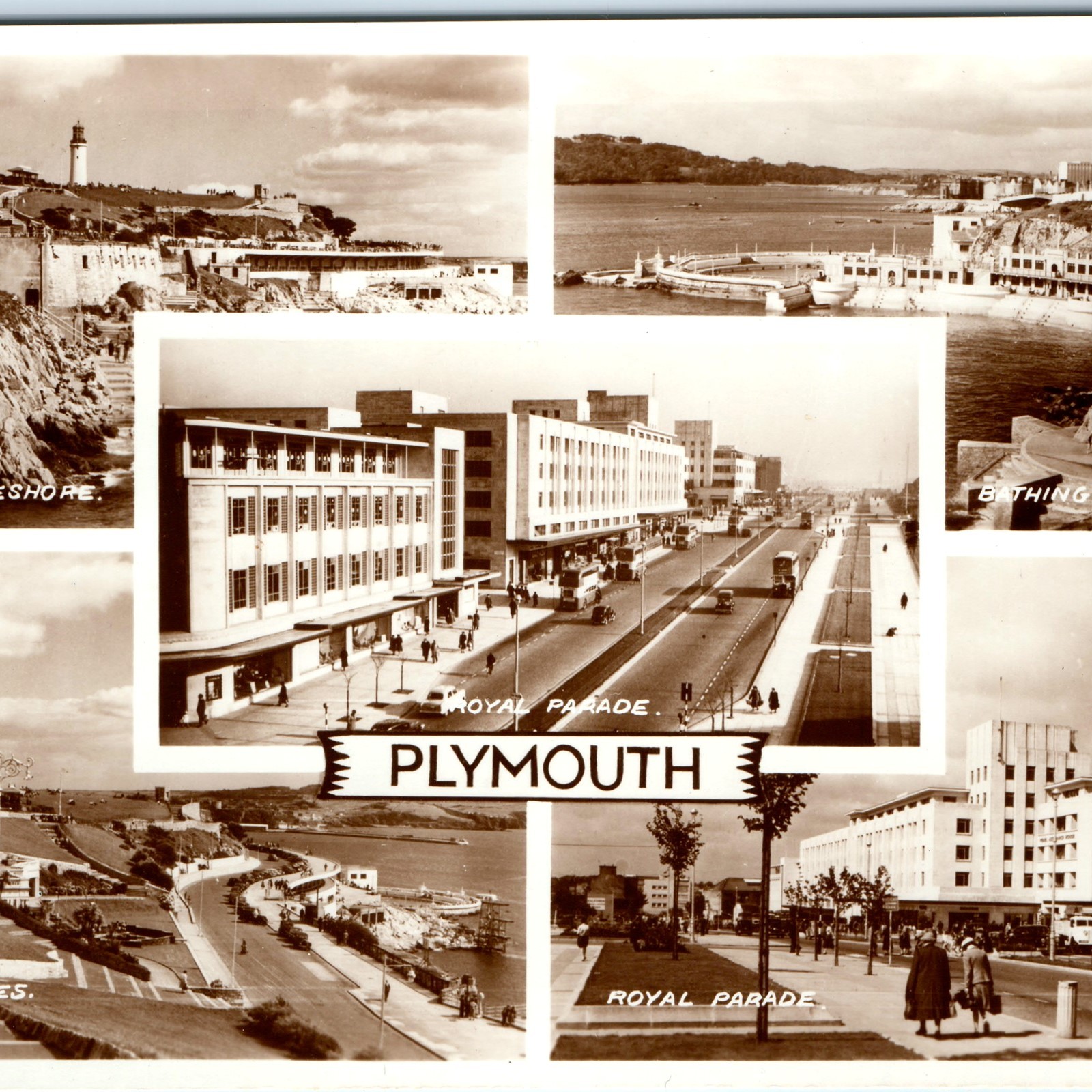 c1950s Plymouth England RPPC Multiview Postcard Royal Parade Hoe Tinside Pool