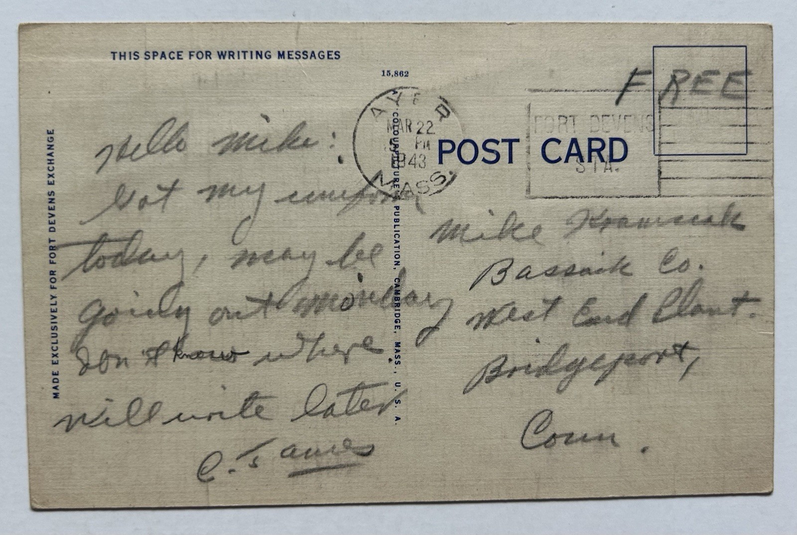 New Station Hospital Fort Devens Massachusetts WWII Linen Postcard C12