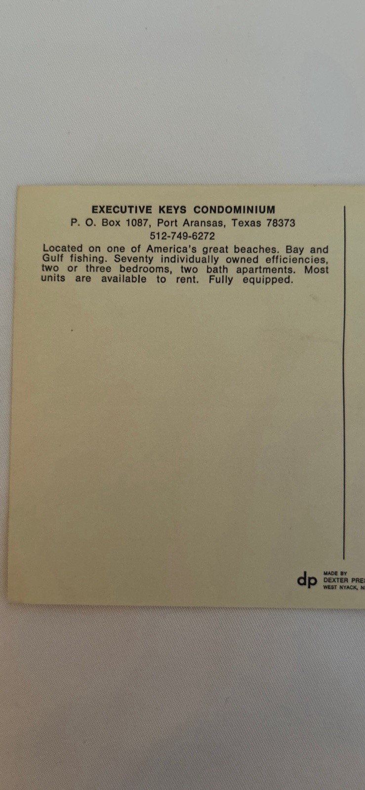 Vintage Post Card Executive Keys Condominiums in Port Aransas, Texas 1960s