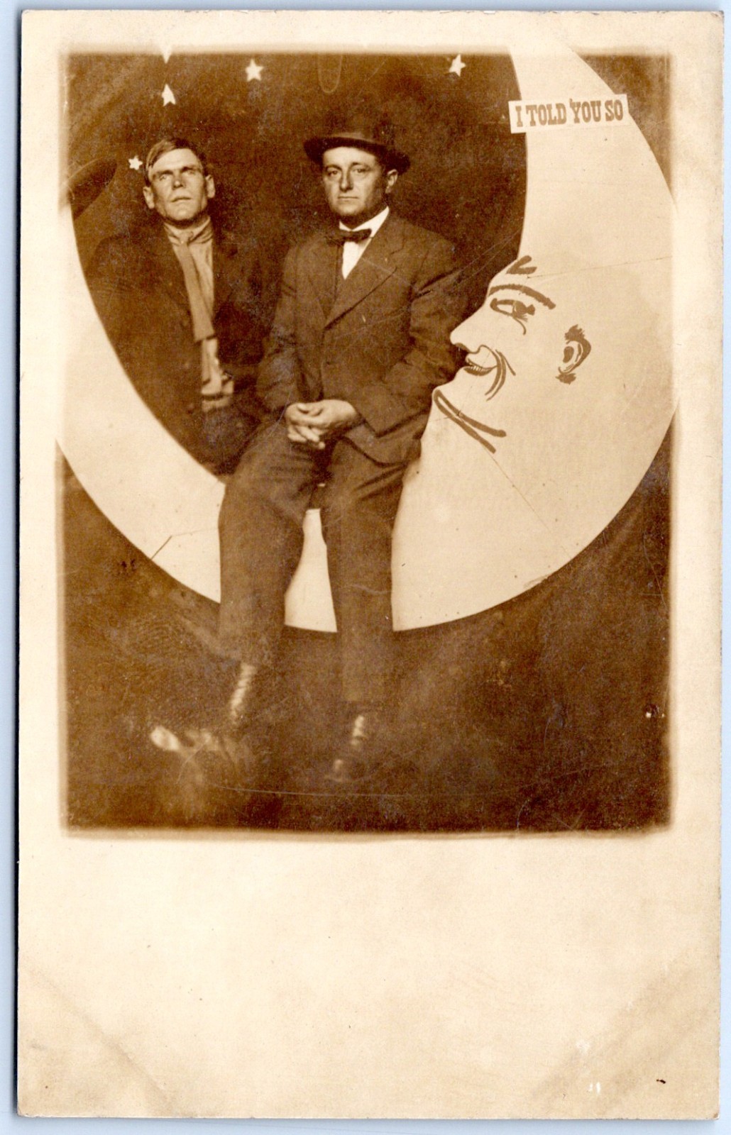 Postcard RPPC Two Men On A Paper Moon Studio Prop I Told You So ca1910s #2 R94