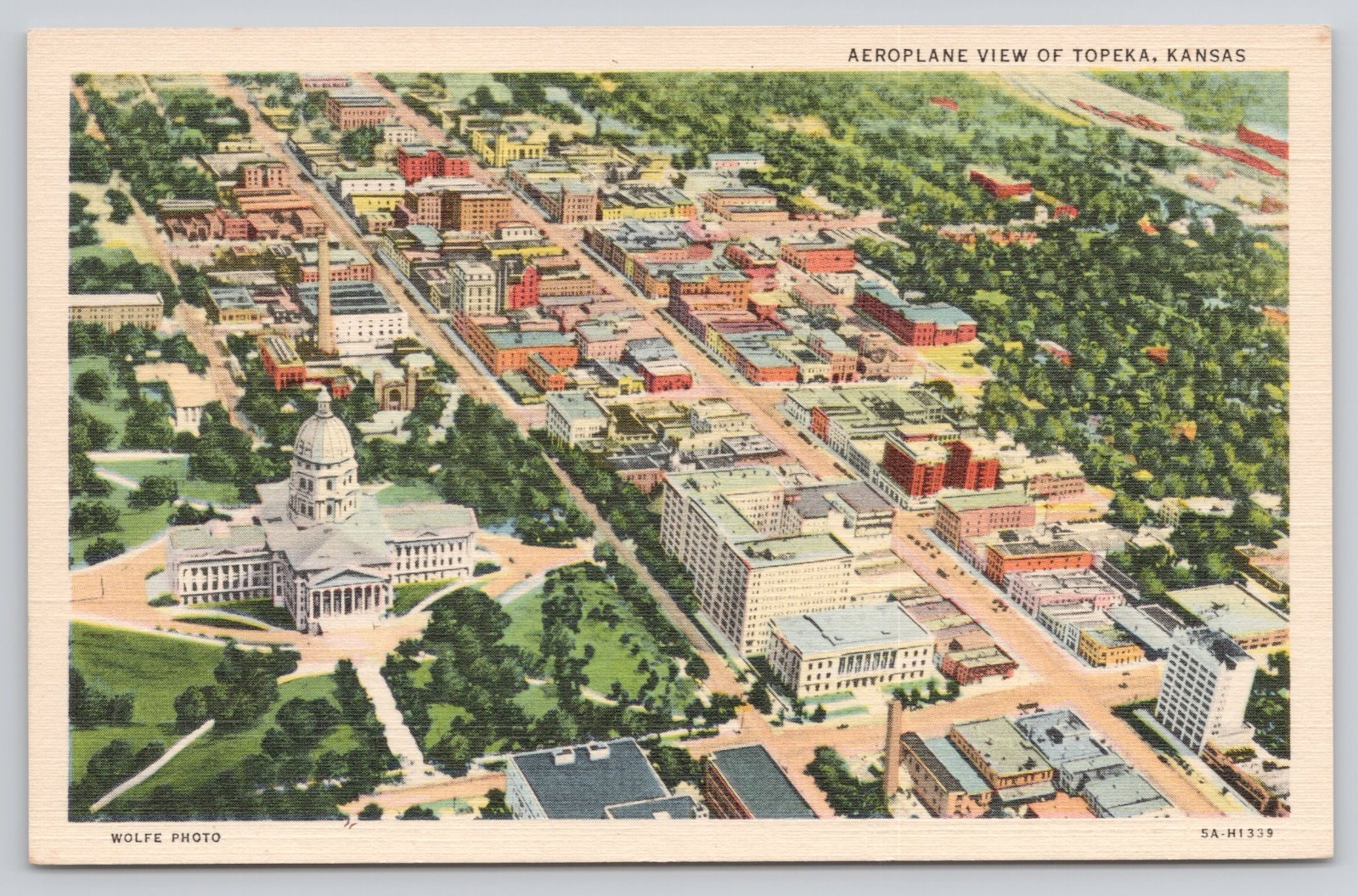 Topeka KS Kansas Aerial View State Capitol and Downtown Postcard