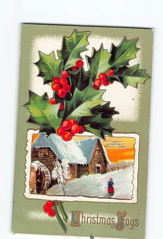 Postcard Embossed Holly & Berries and Winter Scene Art Print Christmas Greetings
