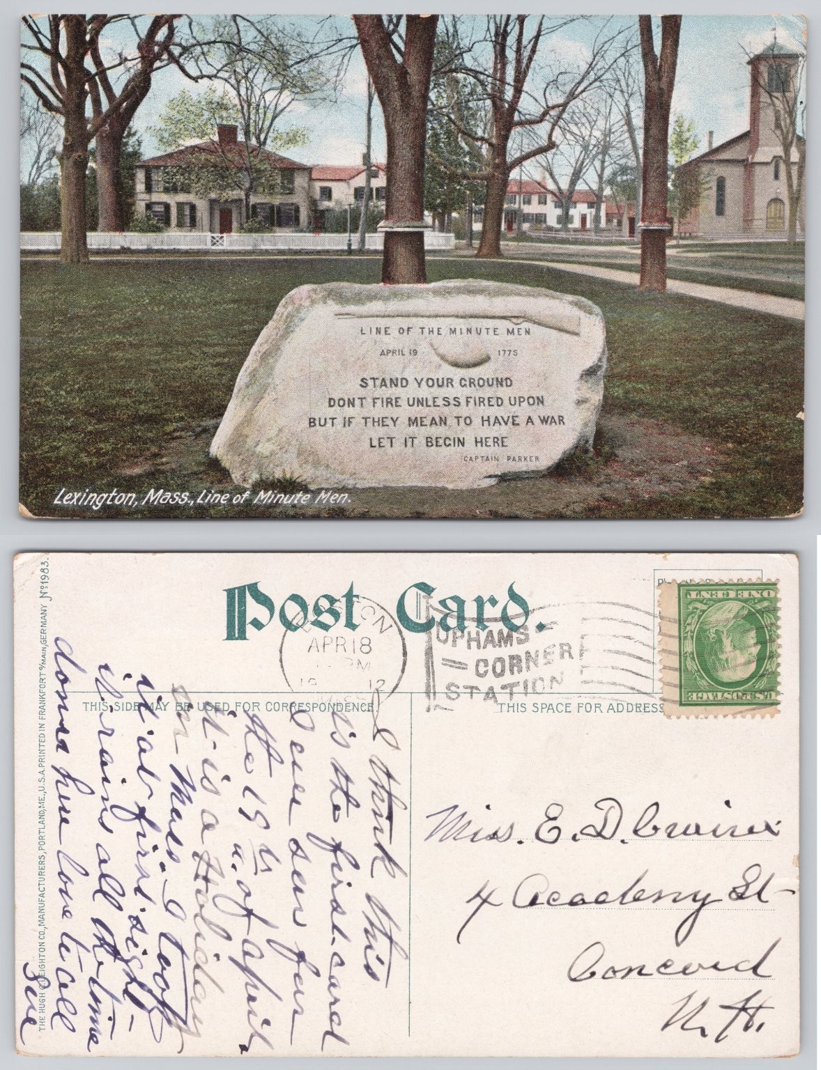 Lexington, Mass. Minute Men Line Boulder Historic Postcard 1912 Posted