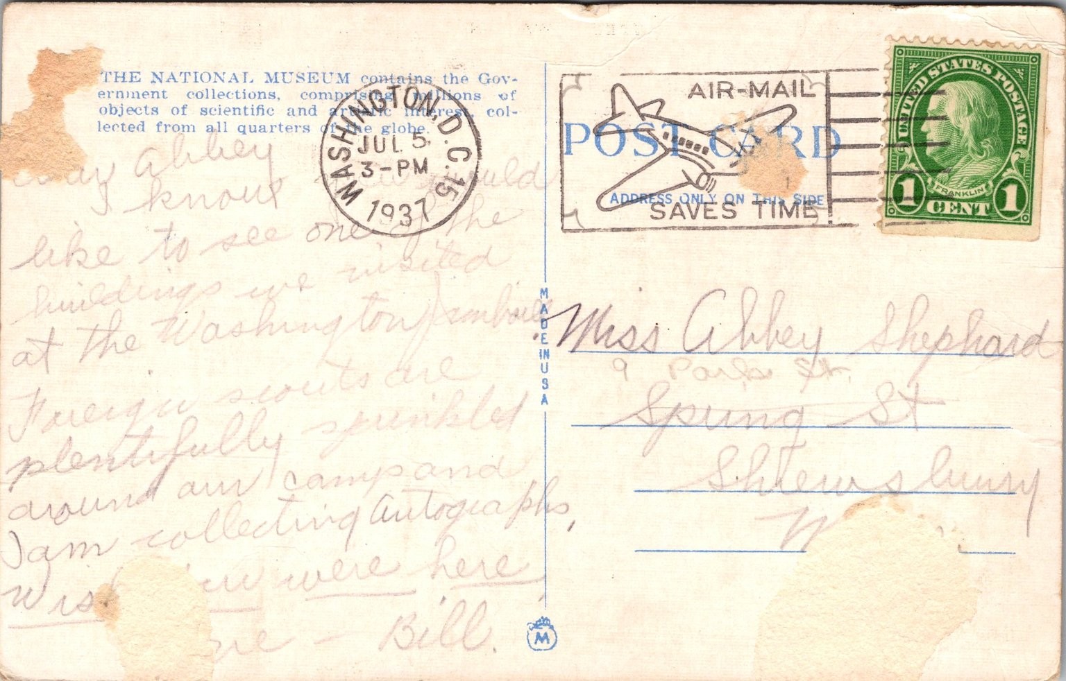New National Museum Washington D.C. Postcard 1937 Air-Mail Postmark