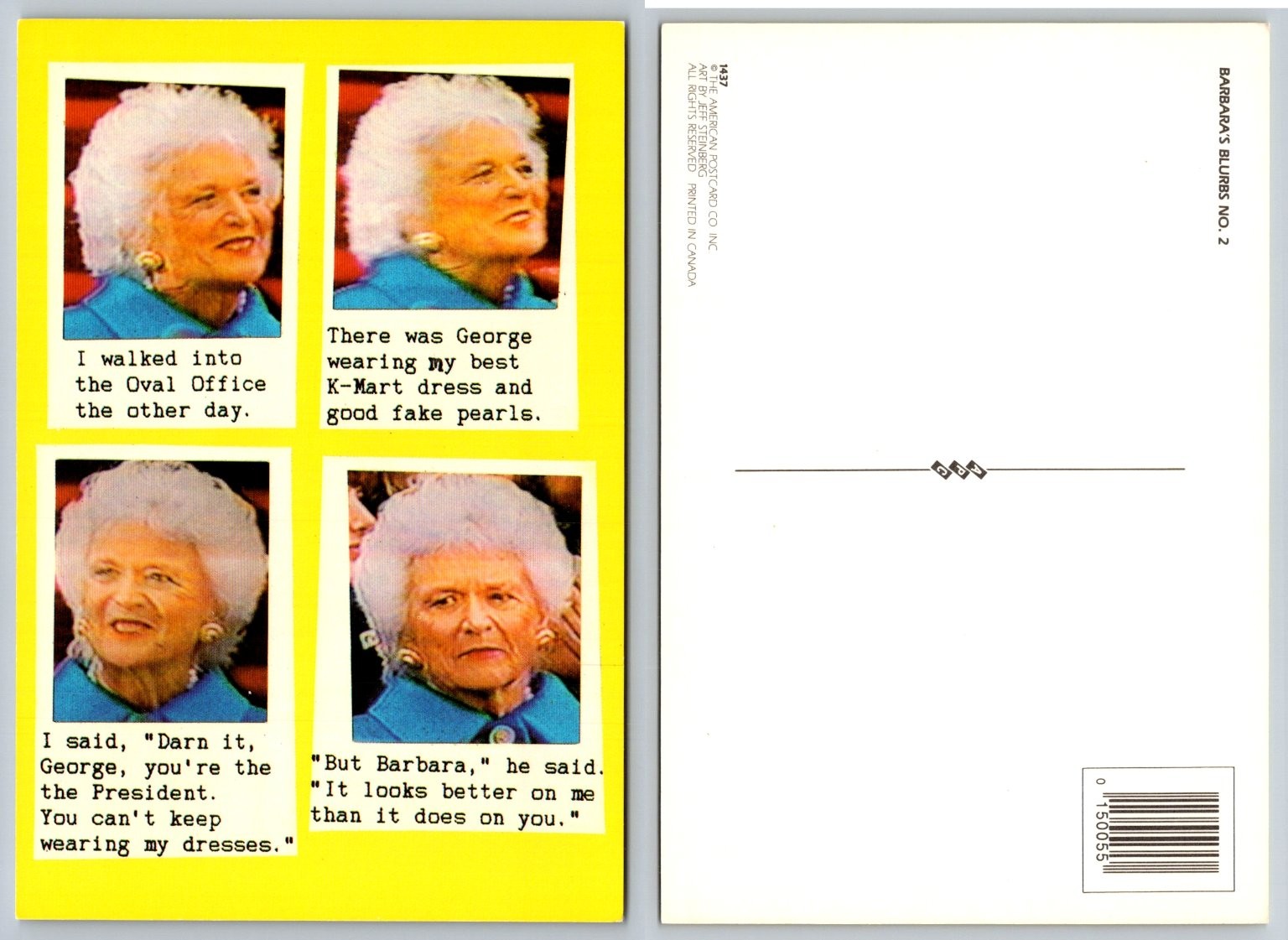 Barbara Bush Humor Postcard – “Barbara’s Blurbs No. 2” – Political Satire