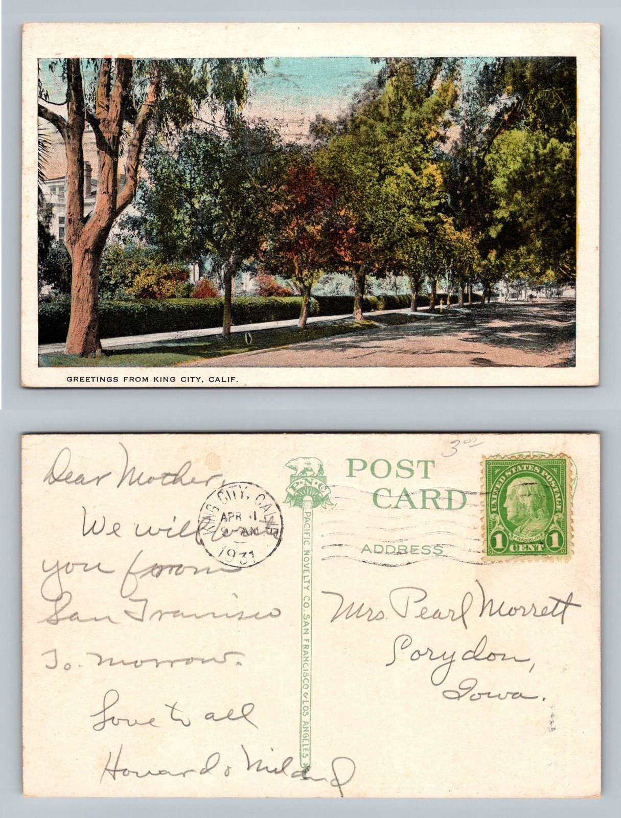 King City, CA-California, Tree Lined Street View c1931 Old Vintage Postcard