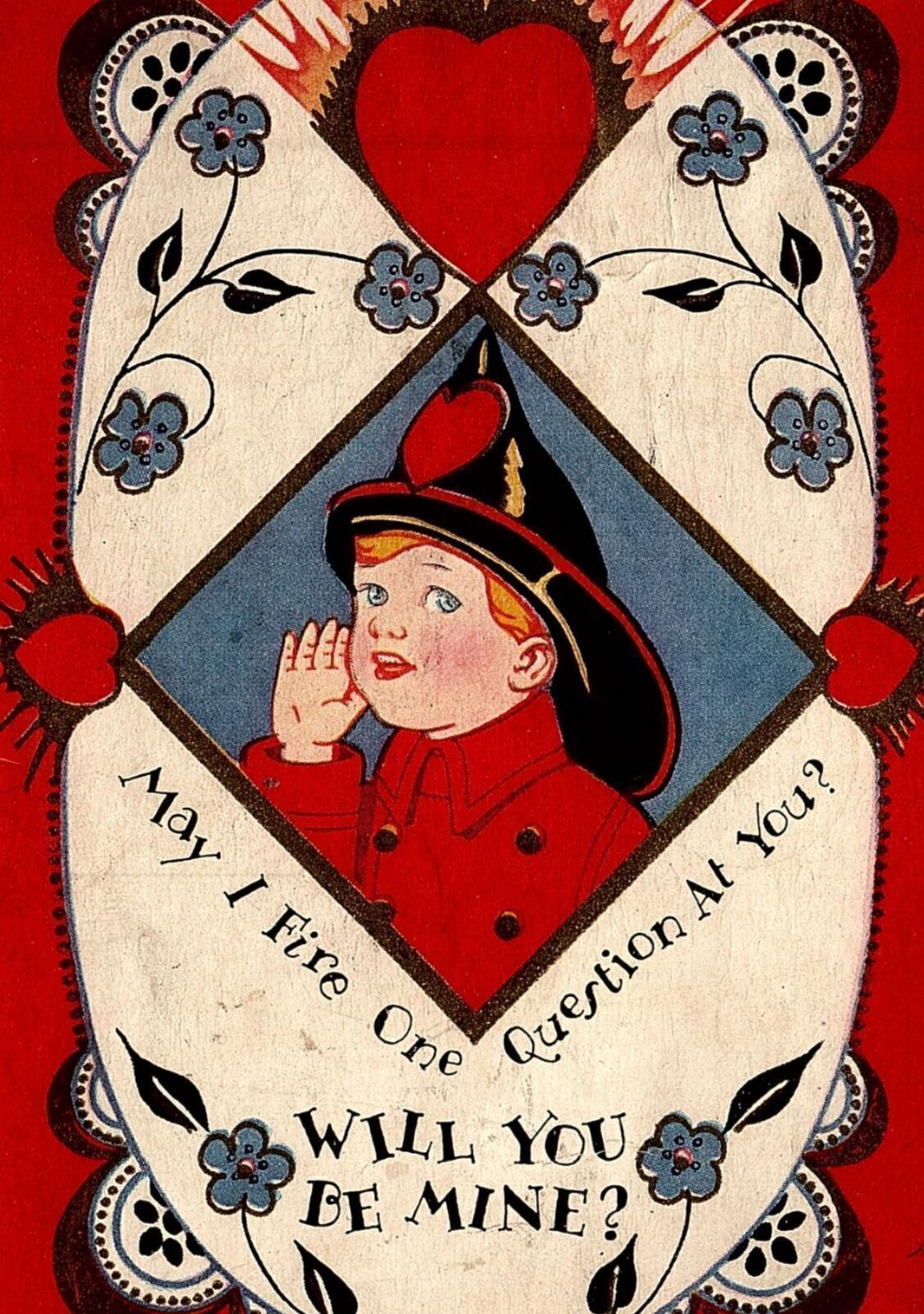 c1900 VALENTINE FIREMAN BOY HEARTS WILL YOU BE MINE? UNDIVIDED POSTCARD 26-259