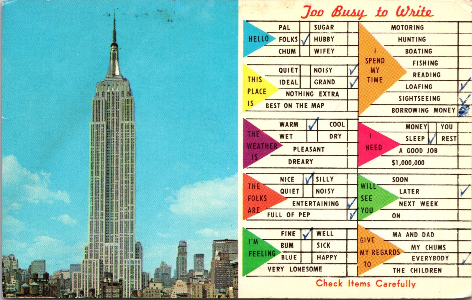Empire State Building Postcard 1964 Manhattan Post Card Pub Postmarked Bronx NY