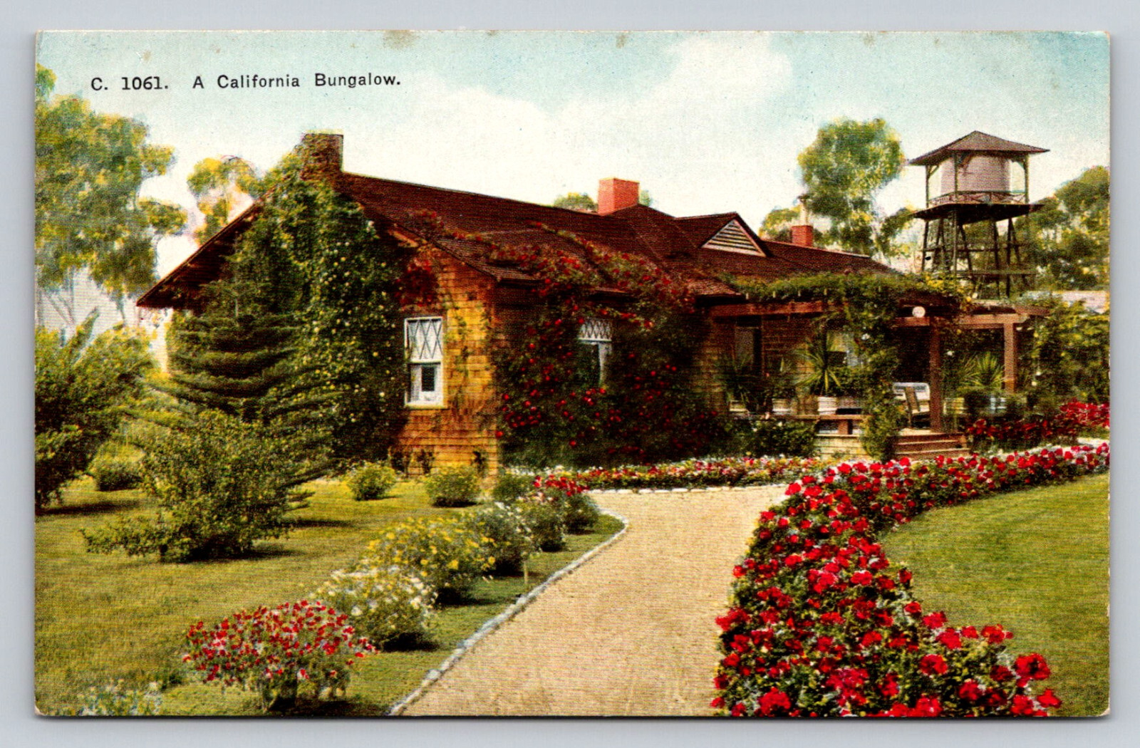 c1910 Bungalow Flowers Water Tower Tank California P807