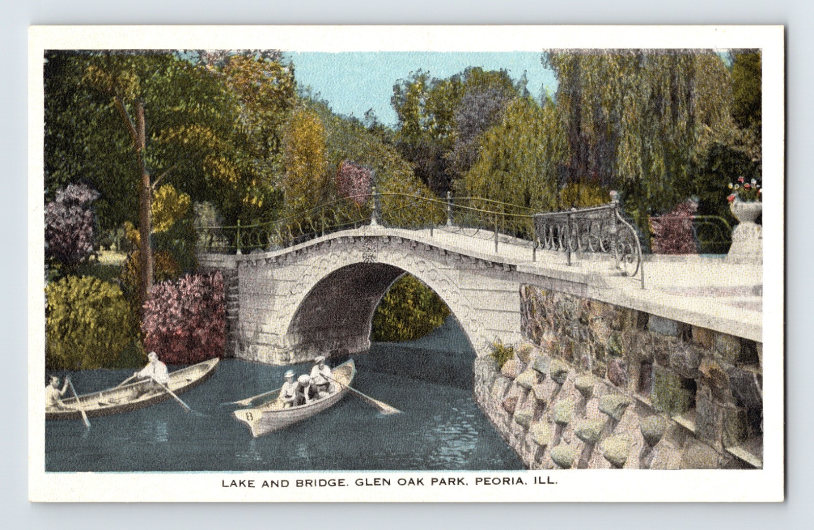 Postcard Illinois Peoria Glen Oak Park Lake Bridge 1930s Unposted White Border