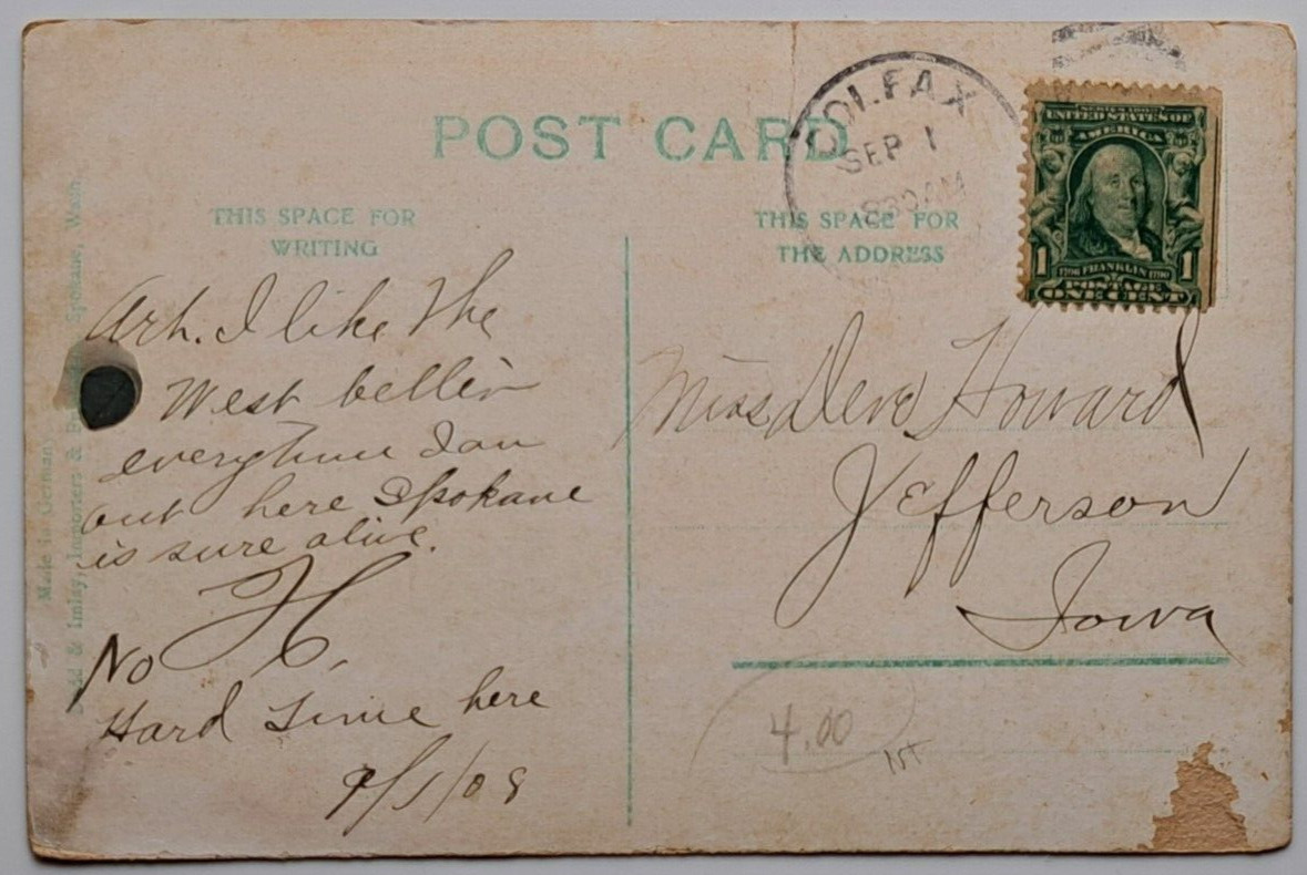 1908 Howard Street Spokane WA Postcard Whitehouse Co Dry Goods Colfax Cancel