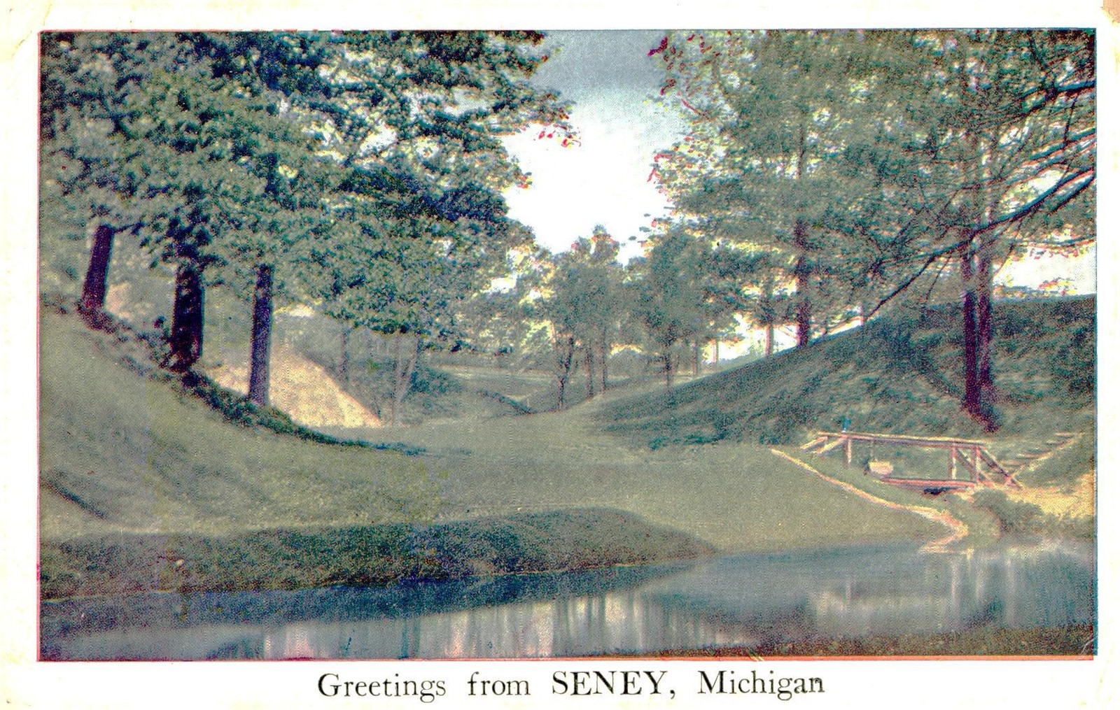 Rural Pond with Trees and Bridge, c1910, Seney, Michigan, Cities & Towns