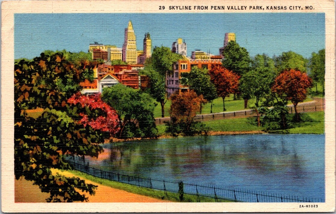 Kansas City MO Skyline From Penn Valley Park Lake 1932 Linen postcard GP3