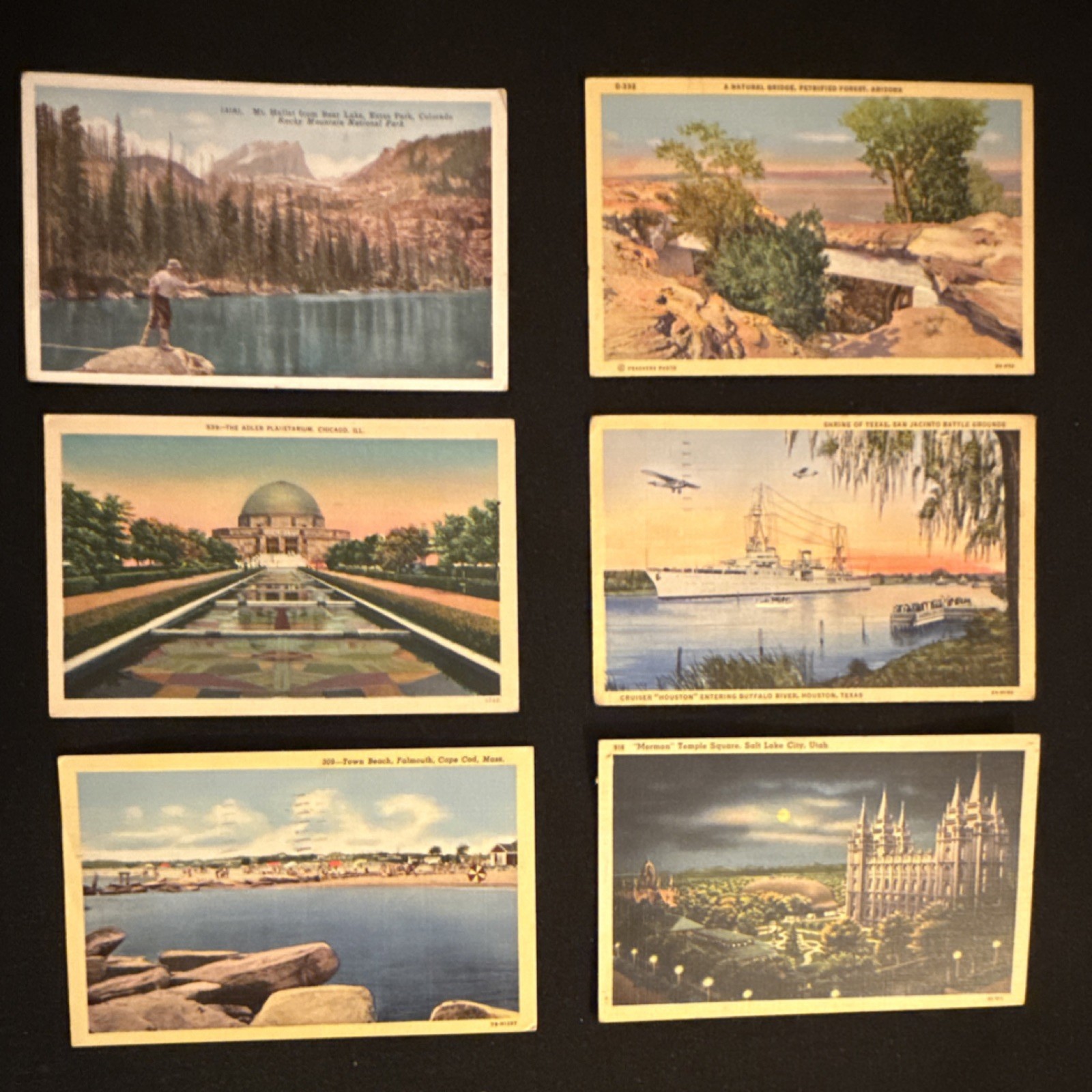 Set of 6 Linen Postcards 1930s-1940s US Landmarks Cities Temple Ship Beach