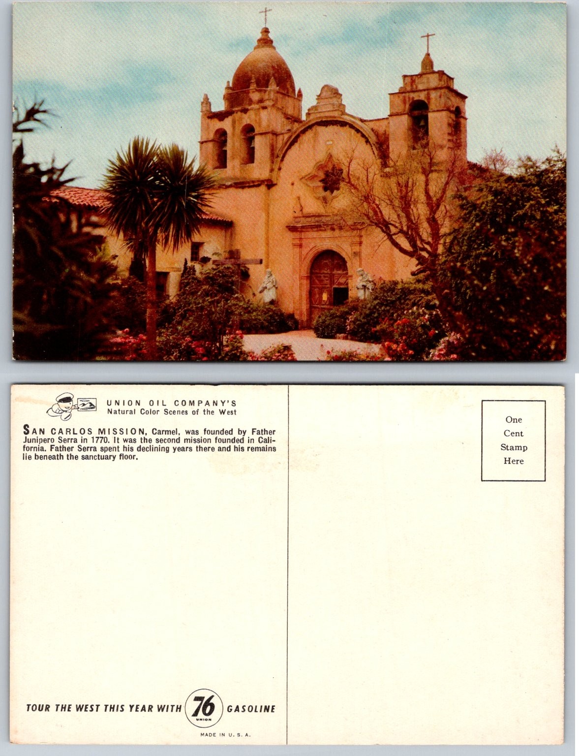 San Carlos Mission Carmel CA Linen Postcard Union Oil 76 Gas Junipero Serra