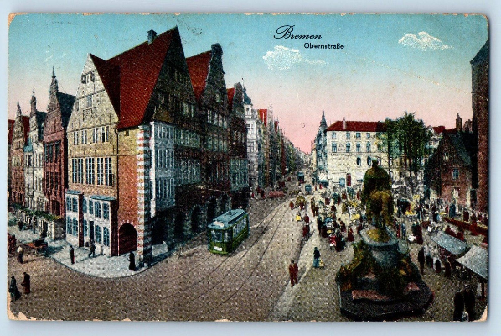 Bremen Germany Postcard Obern Street Monument Bremen 1913 Antique Posted