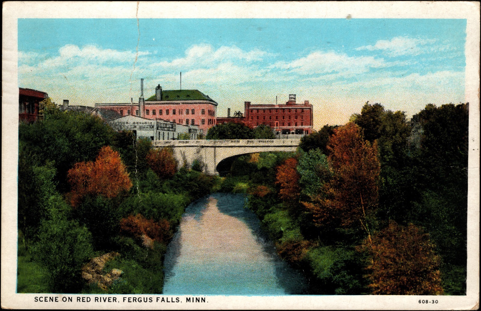 Fergus Falls MN Scene on Red River with Bridge White Border 1930 Curt Teich