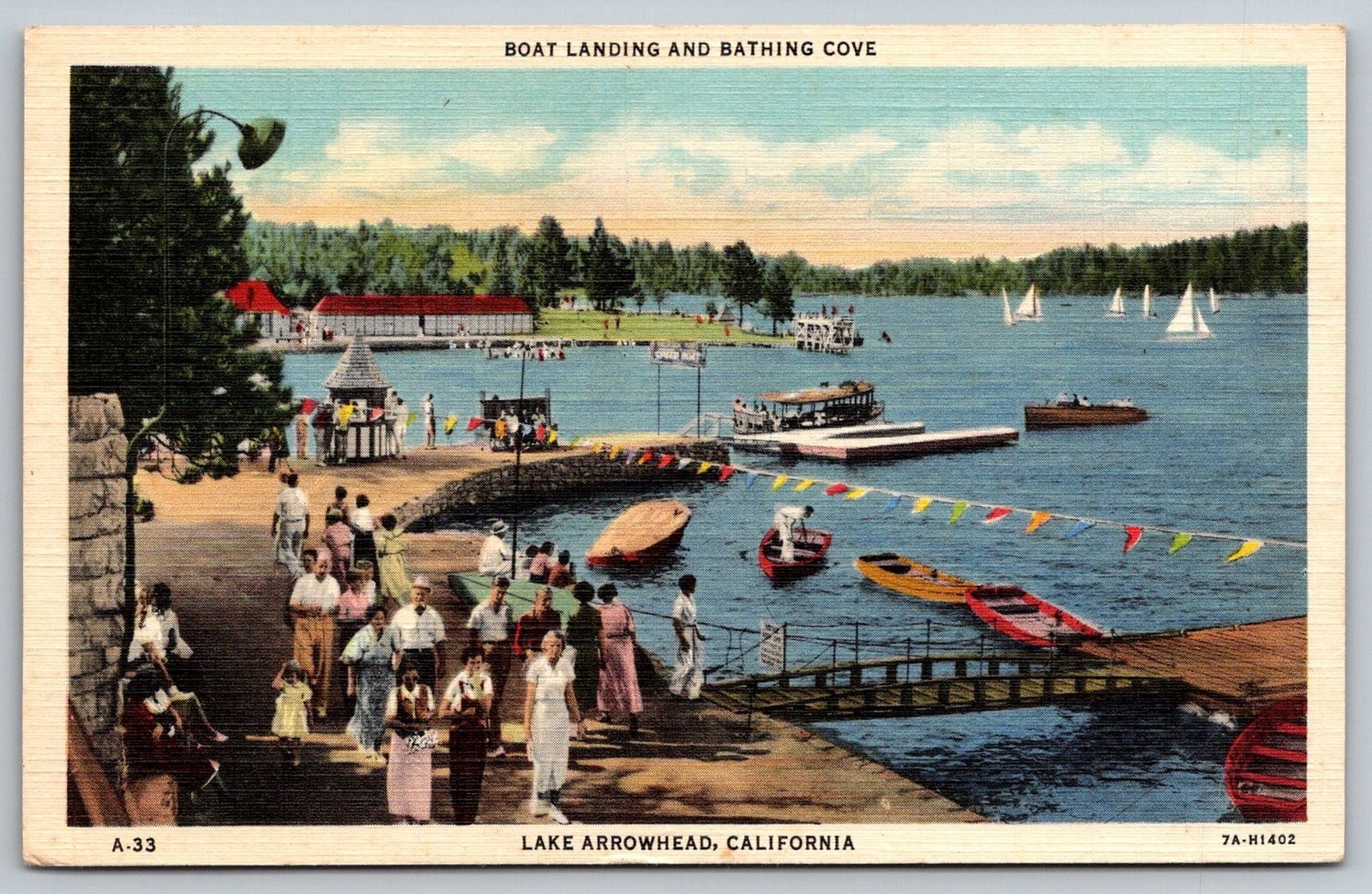 Boat Landing and Bathing Cove Lake Arrowhead CA Postcard swimming sailboats