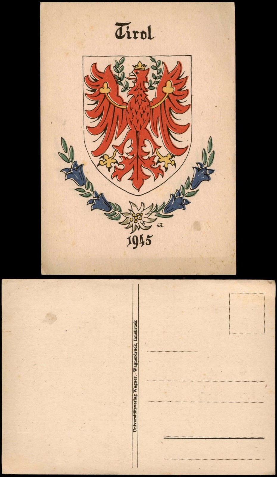 Postcard. Tyrol heraldry card coat of arms map Tyrol patriotics 1945