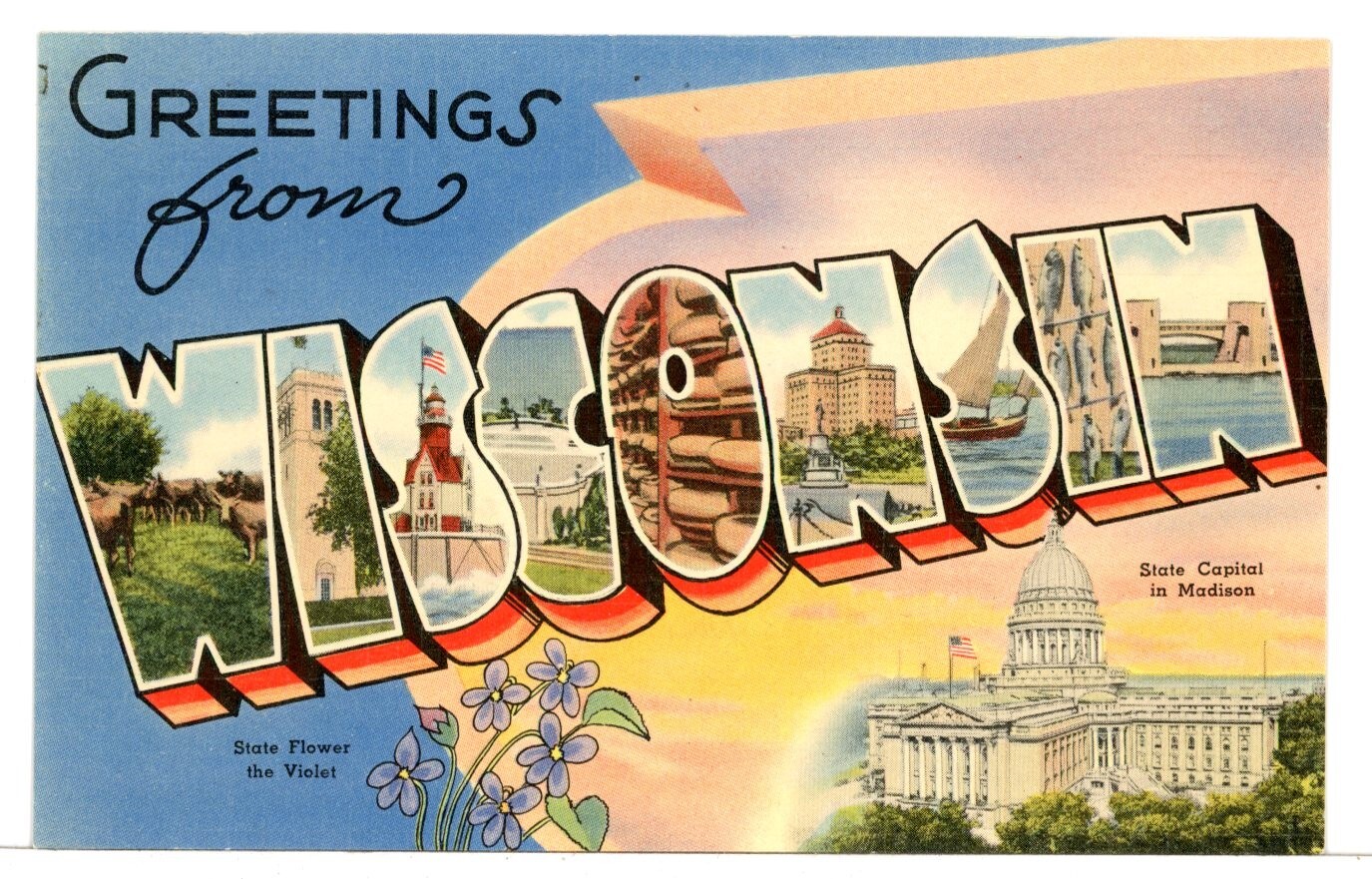 Greetings from WISCONSIN, Large Letter Linen, 1930 – 1945 Postcard