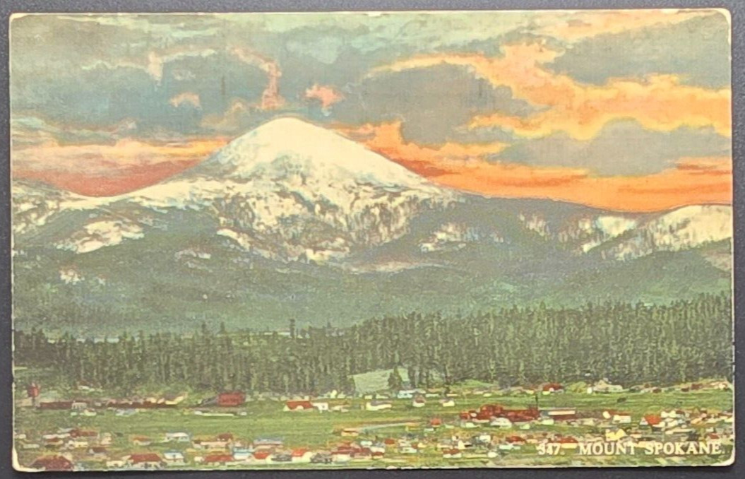 1910 Mount Spokane WA Postcard Sunset Snowy Peak & Town Scene